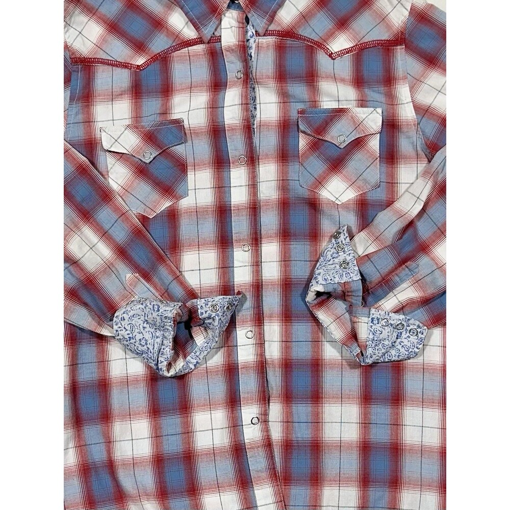 Roper Western Shirt Women’s XL Red Blue Plaid Paisley Snap Long Sleeve Cotton - Picture 4 of 11